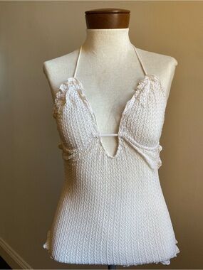 Crochet Bodysuit Halter Top Low Back Ruffle Trim Size S/M Western Boho Romantic